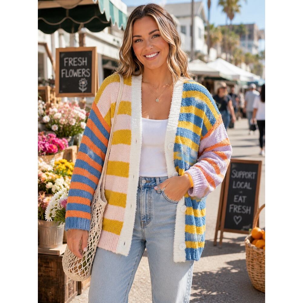Lovelo Colorblock Striped Fuzzy Cardigan Sweater XL Pastel Blue Pink Yellow - Picture 2 of 10